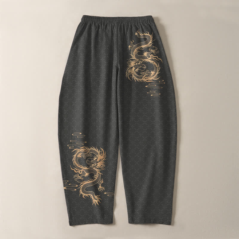 Buddha Stones 純綿素材、金龍柄、ドローストリング付き、ポケット付きメンズテーパードパンツ - image 3
