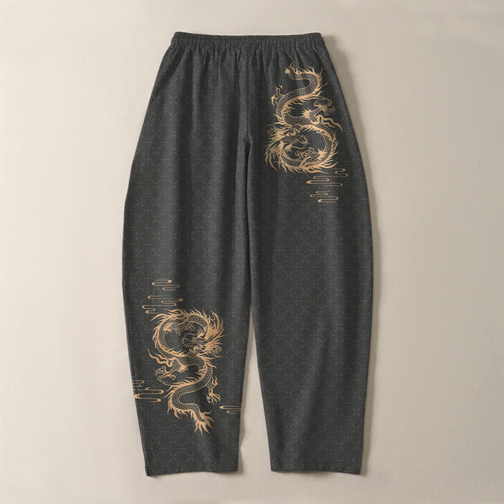 Buddha Stones 純綿素材、金龍柄、ドローストリング付き、ポケット付きメンズテーパードパンツ - image 3