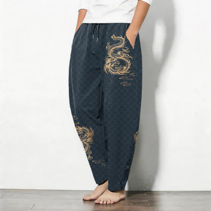 Buddha Stones 純綿素材、金龍柄、ドローストリング付き、ポケット付きメンズテーパードパンツ - image 12