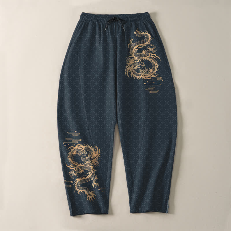 Buddha Stones 純綿素材、金龍柄、ドローストリング付き、ポケット付きメンズテーパードパンツ - image 13