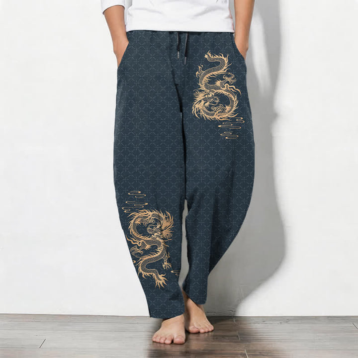 Buddha Stones 純綿素材、金龍柄、ドローストリング付き、ポケット付きメンズテーパードパンツ - ダークスレートグレー - US/UK/AU50、EU60（5XL） - image 11
