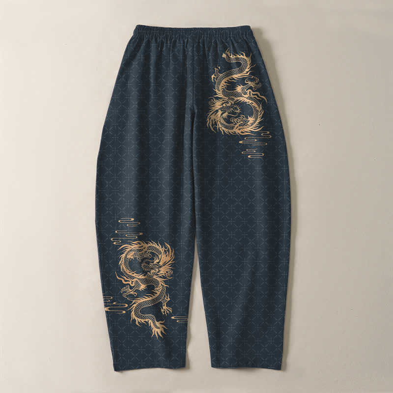 Buddha Stones 純綿素材、金龍柄、ドローストリング付き、ポケット付きメンズテーパードパンツ - image 14