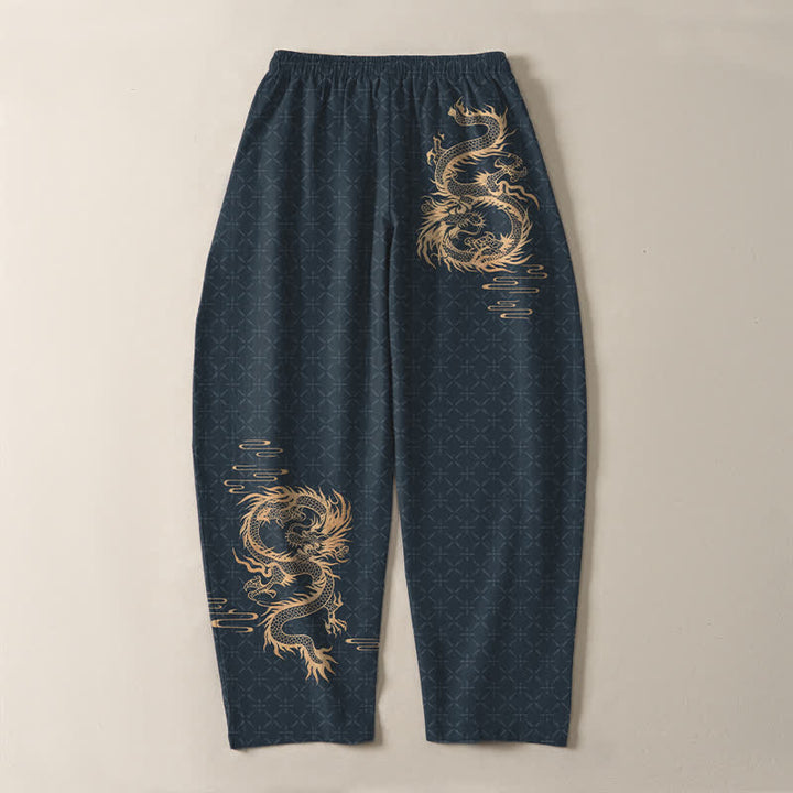 Buddha Stones 純綿素材、金龍柄、ドローストリング付き、ポケット付きメンズテーパードパンツ - image 14