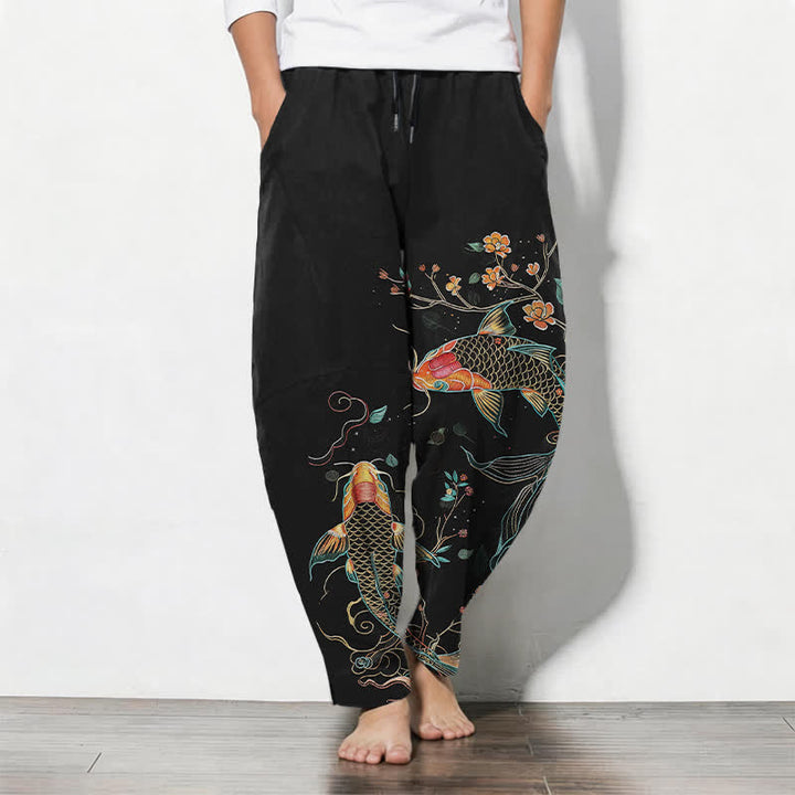 Buddha Stones 純綿鯉鯉ドローストリング付きメンズテーパードパンツ（ポケット付き） - 黒 - US/UK/AU50、EU60（5XL） - image 0