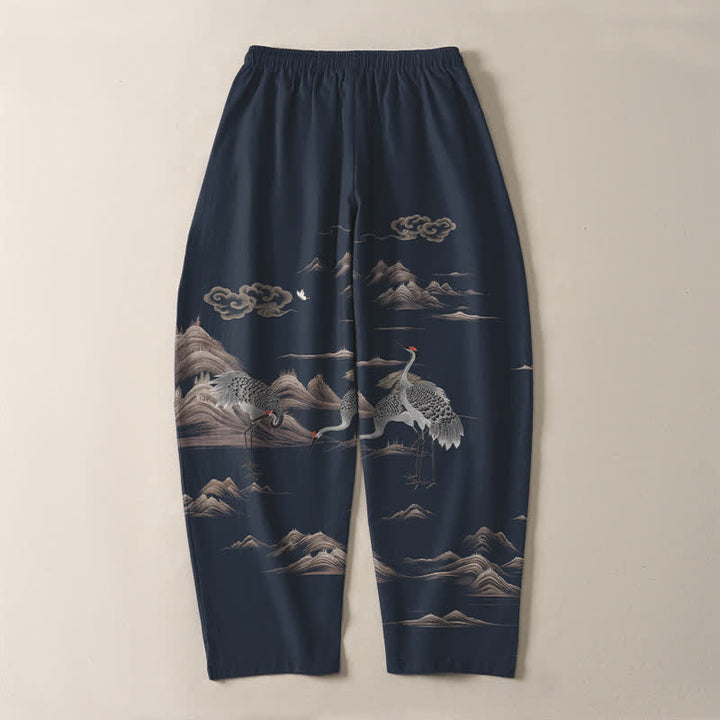 Buddha Stones 純綿素材、鶴と雲と山の模様、ドローストリング付きメンズテーパードパンツ（ポケット付き） - image 10
