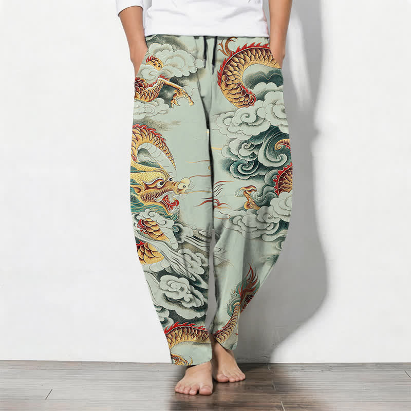 Buddha Stones 純綿素材、雲龍柄、ドローストリング付き、ポケット付きメンズテーパードパンツ - 淡い緑色 - US/UK/AU50、EU60（5XL） - image 7