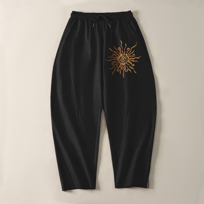 Buddha Stones 純綿ゴールデンサンスパイラル柄ドローストリング付きメンズテーパードパンツ（ポケット付き） - image 2