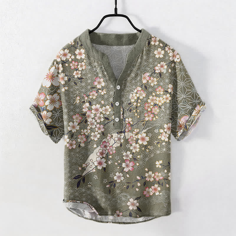 Buddha Stones 綿素材の桜の幾何学模様メンズ半袖ハーフボタンシャツ - ダークシーグリーン - US/UK/AU50、EU60（5XL） - image 7
