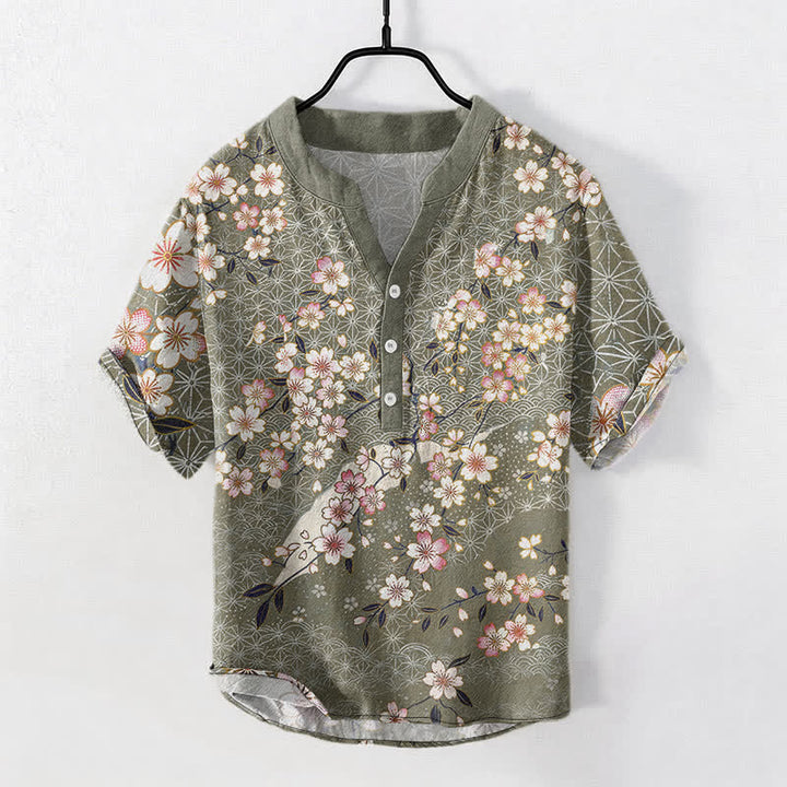 Buddha Stones 綿素材の桜の幾何学模様メンズ半袖ハーフボタンシャツ - ダークシーグリーン - US/UK/AU50、EU60（5XL） - image 7