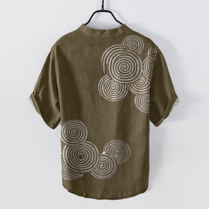 Buddha Stones 綿素材のスパイラルサークル柄メンズ半袖ハーフボタンシャツ - image 8