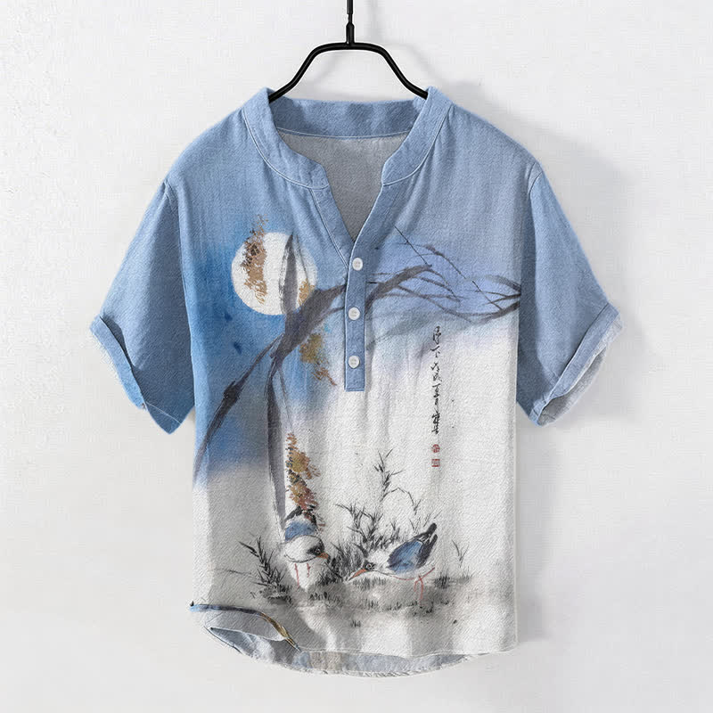 Buddha Stones コットンインク ムーンバード柄 メンズ 半袖ハーフボタンシャツ - 水色 - US/UK/AU50、EU60（5XL） - image 0