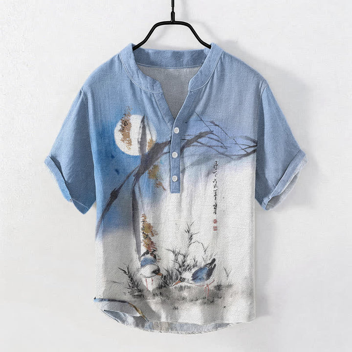 Buddha Stones コットンインク ムーンバード柄 メンズ 半袖ハーフボタンシャツ - 水色 - US/UK/AU50、EU60（5XL） - image 0