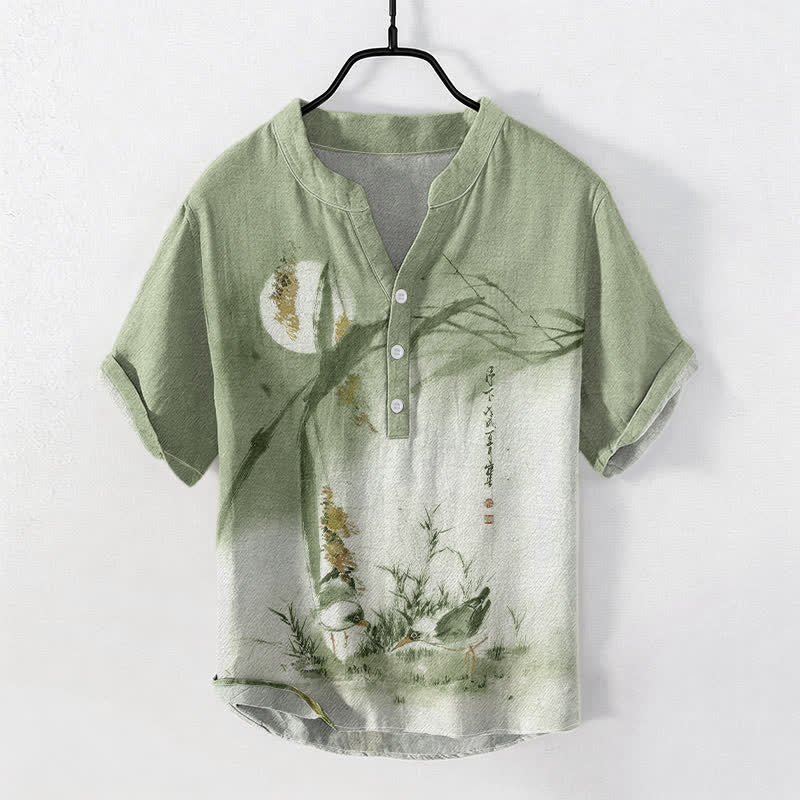 Buddha Stones コットンインク ムーンバード柄 メンズ 半袖ハーフボタンシャツ - ライトグリーン - US/UK/AU50、EU60（5XL） - image 3