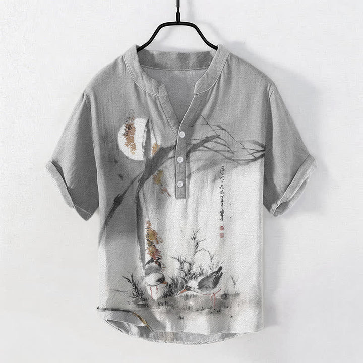 Buddha Stones コットンインク ムーンバード柄 メンズ 半袖ハーフボタンシャツ - ライトグレー - US/UK/AU50、EU60（5XL） - image 5