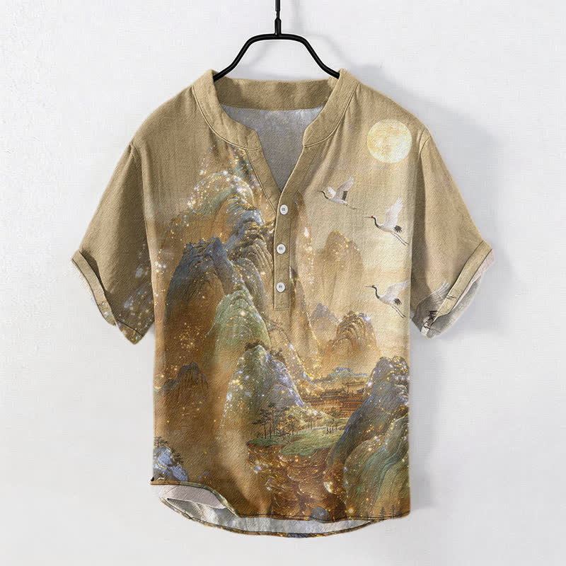 Buddha Stones コットンマウンテン クレーンムーン柄 メンズ 半袖ハーフボタンシャツ - ダークカーキ - US/UK/AU50、EU60（5XL） - image 0