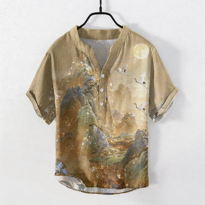 Buddha Stones コットンマウンテン クレーンムーン柄 メンズ 半袖ハーフボタンシャツ - ダークカーキ - US/UK/AU50、EU60（5XL） - image 0
