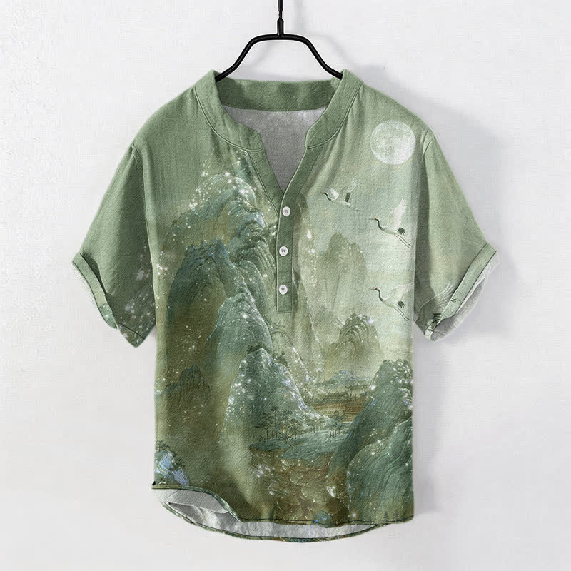 Buddha Stones コットンマウンテン クレーンムーン柄 メンズ 半袖ハーフボタンシャツ - ライトグリーン - US/UK/AU50、EU60（5XL） - image 7