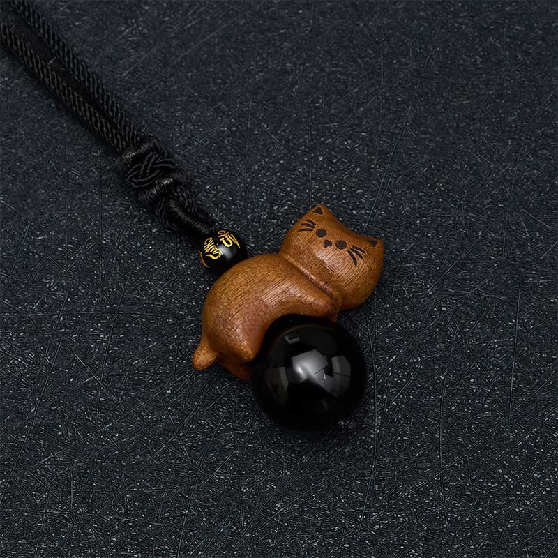 Buddha Stones 白檀の猫、黒曜石のビーズ、オーム・マニ・パドメ・フム・フムのビーズ、保護ロープネックレス - image 3