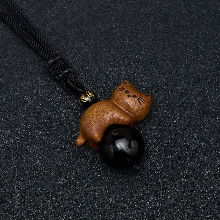 Buddha Stones 白檀の猫、黒曜石のビーズ、オーム・マニ・パドメ・フム・フムのビーズ、保護ロープネックレス - image 3