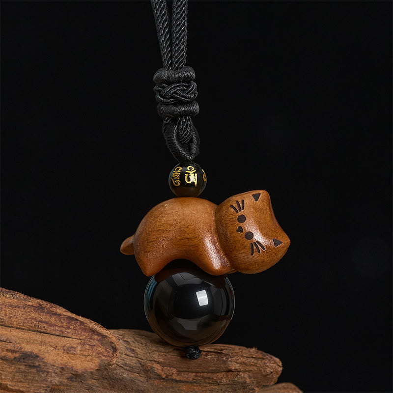 Buddha Stones 白檀の猫、黒曜石のビーズ、オーム・マニ・パドメ・フム・フムのビーズ、保護ロープネックレス - image 2