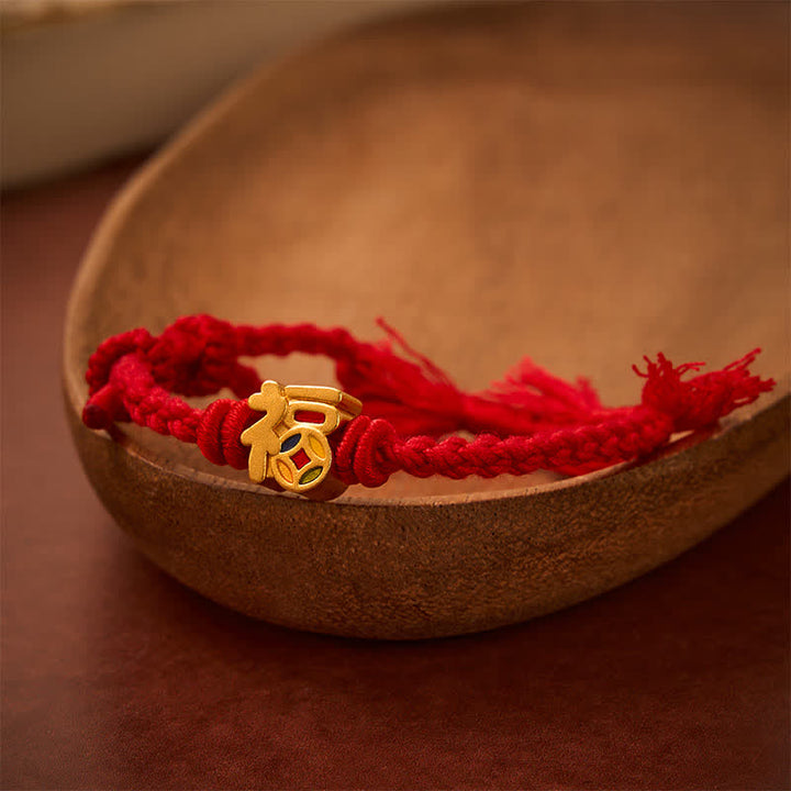 Buddha Stones 福の文字入り赤紐バランスチベット調節可能ブレスレット - image 1