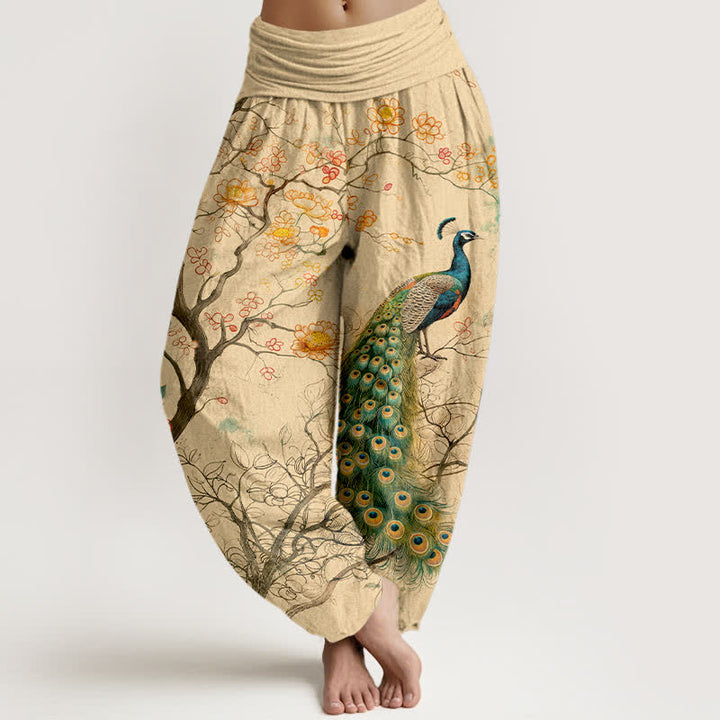 Buddha Stones コットン素材の孔雀と花柄の枝模様のレディース用ゴムウエストハーレムパンツ - 小麦 - US16、 UK/AU20、 EU48 (3XL) - image 0