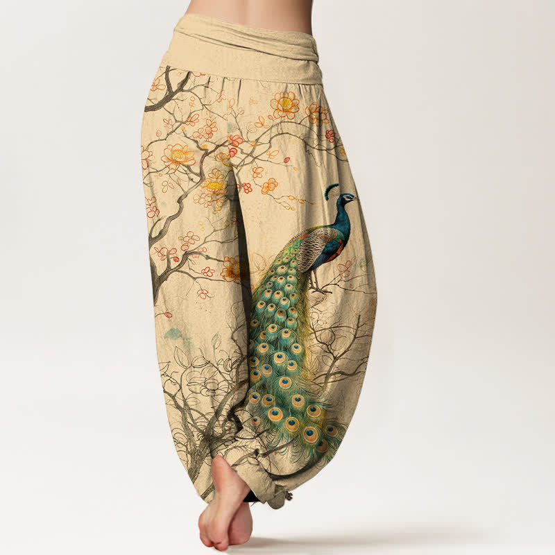 Buddha Stones コットン素材の孔雀と花柄の枝模様のレディース用ゴムウエストハーレムパンツ - image 2