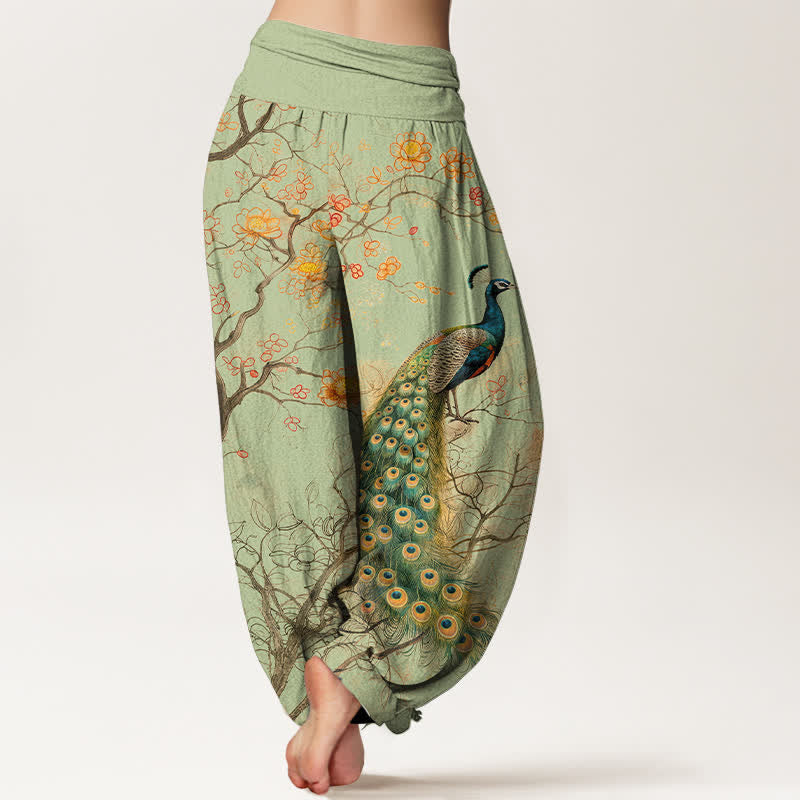 Buddha Stones コットン素材の孔雀と花柄の枝模様のレディース用ゴムウエストハーレムパンツ - image 7