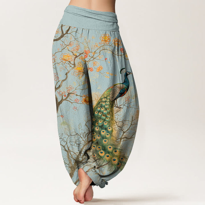 Buddha Stones コットン素材の孔雀と花柄の枝模様のレディース用ゴムウエストハーレムパンツ - image 10