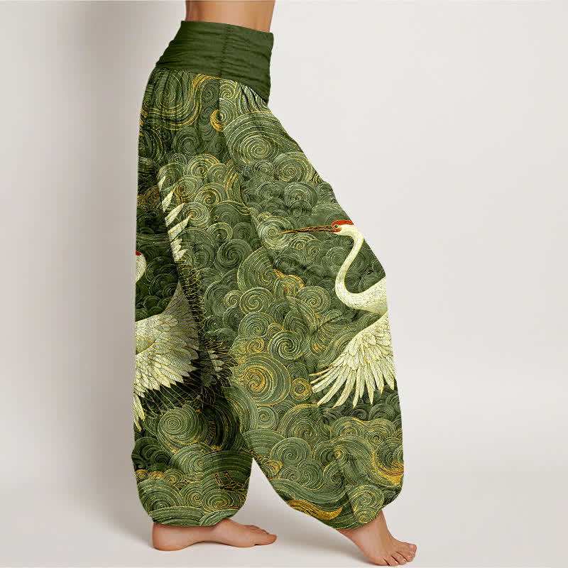 Buddha Stones 綿素材、白、鶴の波模様、ウエストゴム入りレディースハーレムパンツ - image 7