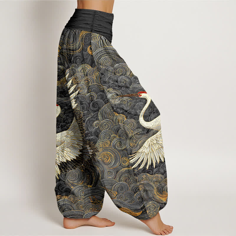Buddha Stones 綿素材、白、鶴の波模様、ウエストゴム入りレディースハーレムパンツ - image 10