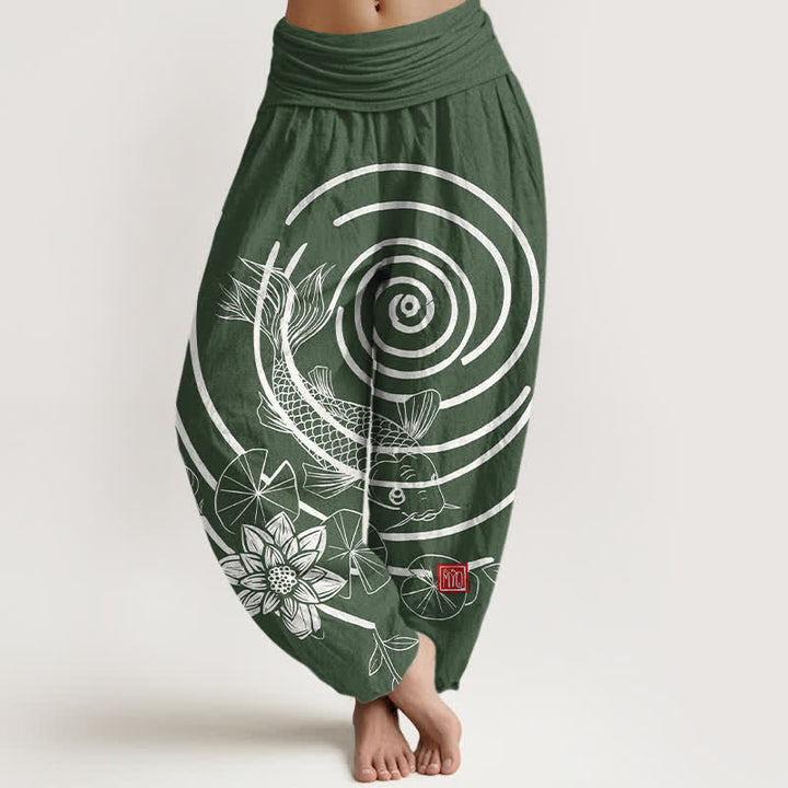 Buddha Stones コットン素材の鯉と蓮の模様入りレディースゴムウエストハーレムパンツ - フォレストグリーン - US16、 UK/AU20、 EU48 (3XL) - image 5