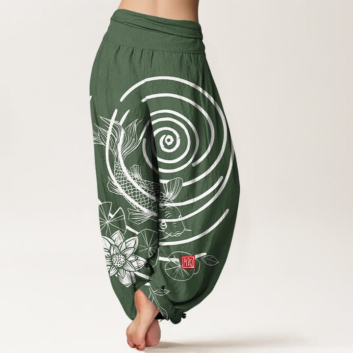 Buddha Stones コットン素材の鯉と蓮の模様入りレディースゴムウエストハーレムパンツ - image 6