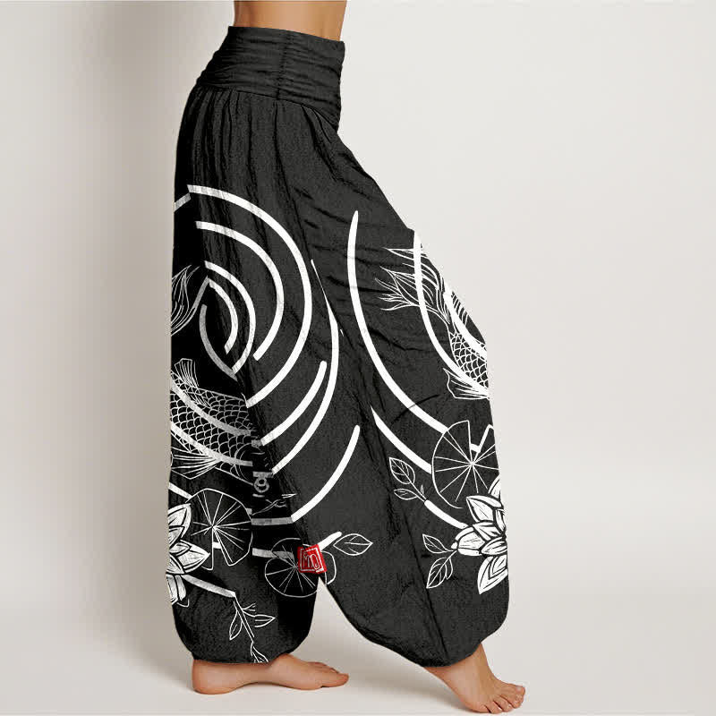 Buddha Stones コットン素材の鯉と蓮の模様入りレディースゴムウエストハーレムパンツ - image 10