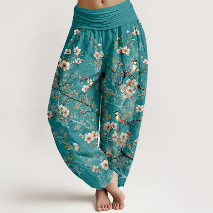 Buddha Stones コットン素材の鳥と花の枝模様のレディース用ゴムウエストハーレムパンツ - ライトシーグリーン - US16、 UK/AU20、 EU48 (3XL) - image 0