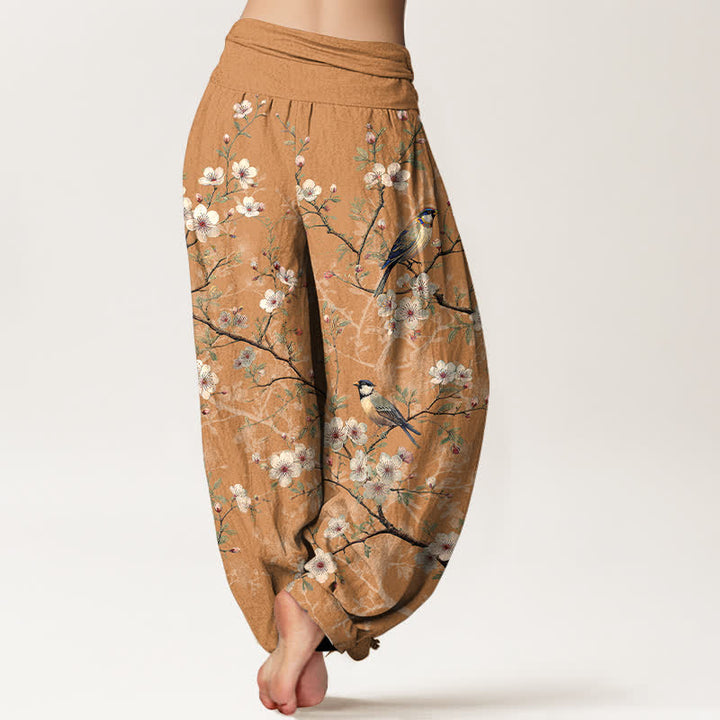 Buddha Stones コットン素材の鳥と花の枝模様のレディース用ゴムウエストハーレムパンツ - image 6