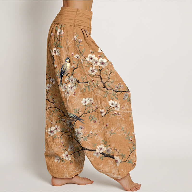 Buddha Stones コットン素材の鳥と花の枝模様のレディース用ゴムウエストハーレムパンツ - image 7
