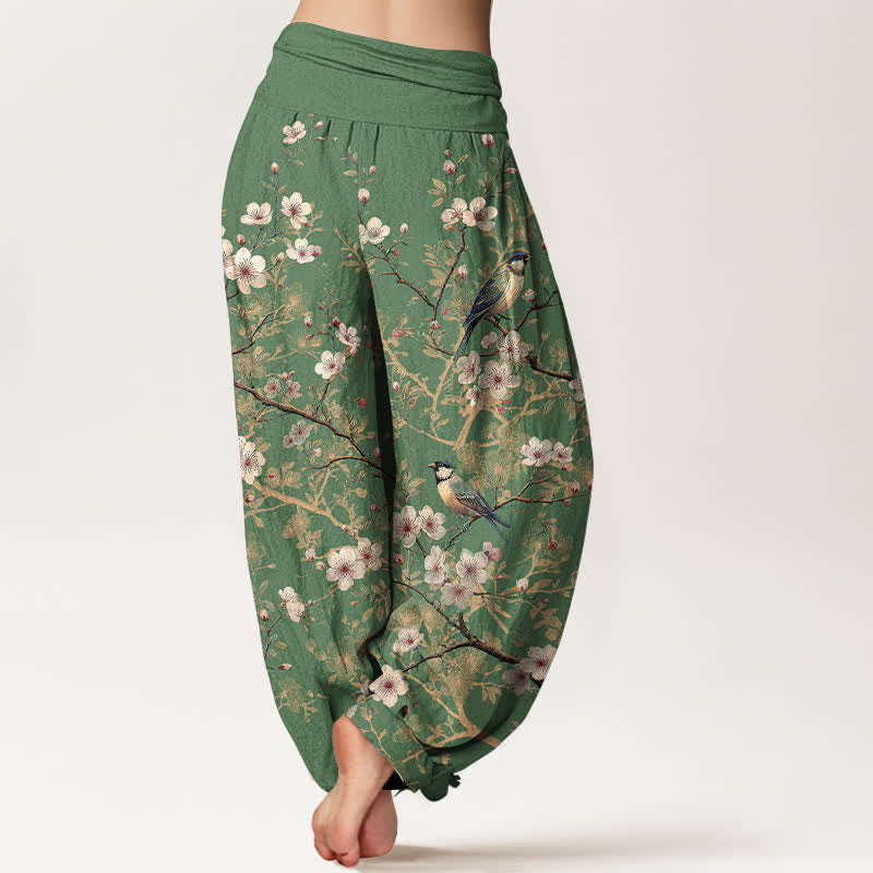 Buddha Stones コットン素材の鳥と花の枝模様のレディース用ゴムウエストハーレムパンツ - image 9