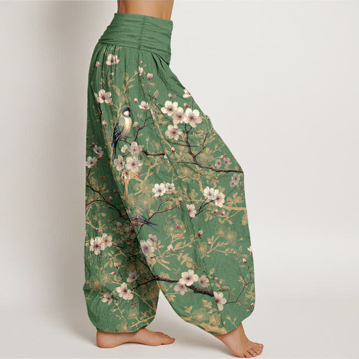 Buddha Stones コットン素材の鳥と花の枝模様のレディース用ゴムウエストハーレムパンツ - image 10