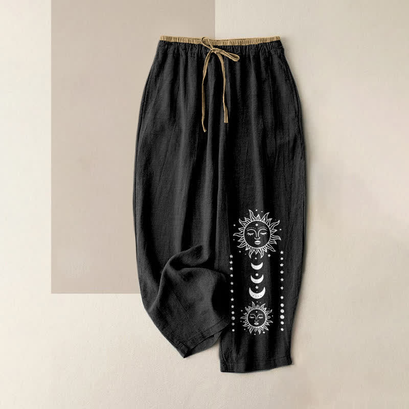 Buddha Stones 純綿素材、ミスティックサンフェイス柄、ウエストゴム入り、ポケット付きレディースパンツ - 黒 - US16、 UK/AU20、 EU48 (3XL) - image 0