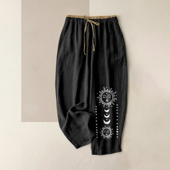 Buddha Stones 純綿素材、ミスティックサンフェイス柄、ウエストゴム入り、ポケット付きレディースパンツ - 黒 - US16、 UK/AU20、 EU48 (3XL) - image 0