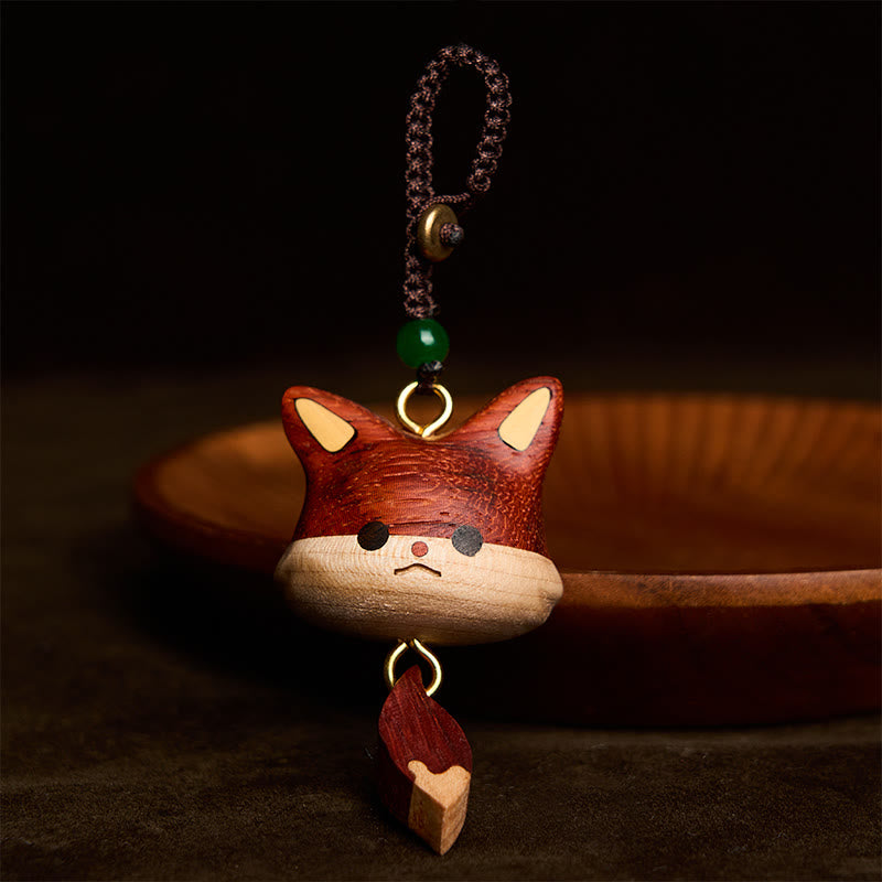 Buddha Stones 手彫りの天然木製キツネ型バランスキーホルダー - image 3
