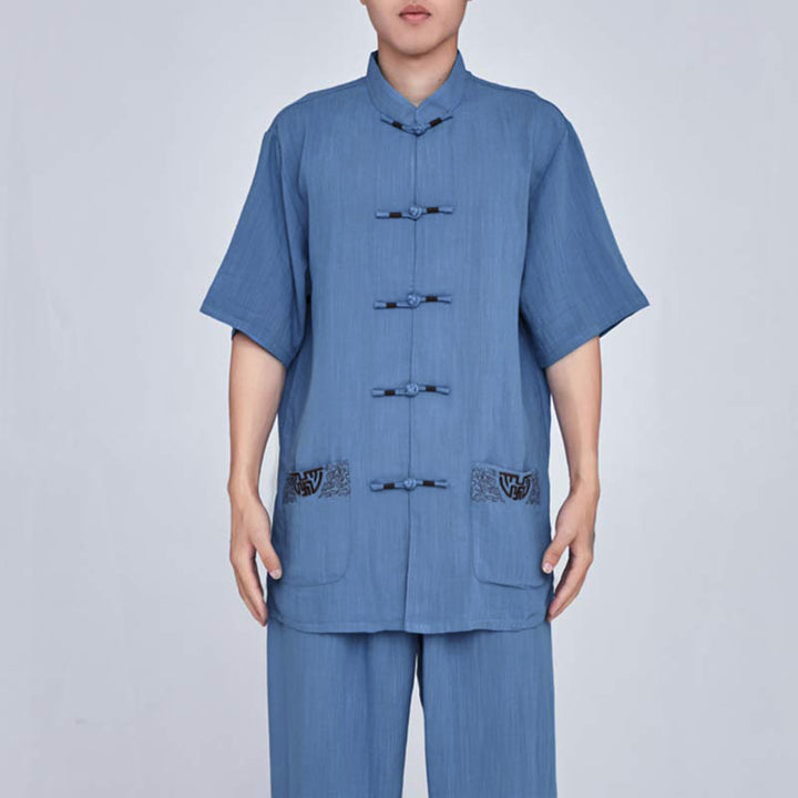 Buddha Stones瞑想禅祈りスピリチュアル太極拳気功練習ユニセックス刺繍服セット - 半袖ブルー刺繍 - US14、 UK/AU18、 EU46 (3XL) - image 26
