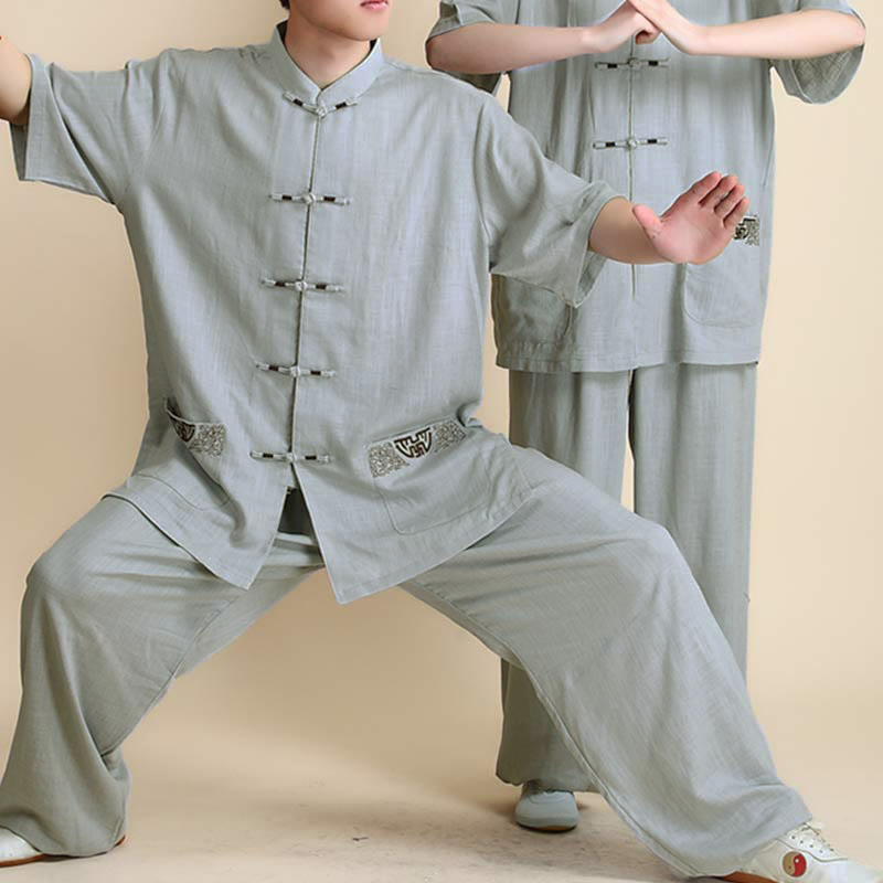 Buddha Stones瞑想禅祈りスピリチュアル太極拳気功練習ユニセックス刺繍服セット - 半袖グレー刺繍 - US12、 UK/AU16、 EU44 (2XL) - image 23