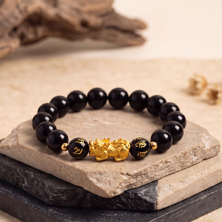 Buddha Stones 黒曜石カルセドニー貔貅（ひきゅう）オーム・マニ・パドメ・フム浄化ブレスレット - 黒曜石（保護♥グラウンディング） - image 0