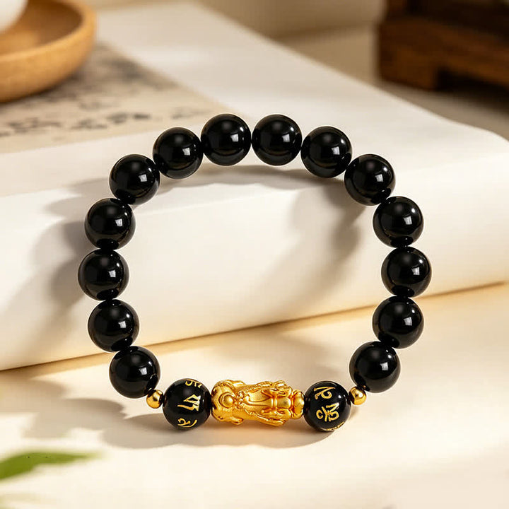 Buddha Stones 黒曜石カルセドニー貔貅（ひきゅう）オーム・マニ・パドメ・フム浄化ブレスレット - image 1