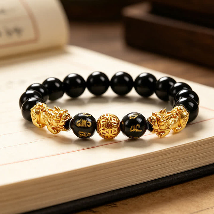 Buddha Stones 黒曜石銅製ダブル貔貅（ひきゅう）オーム・マニ・パドメ・フム智慧ブレスレット - ゴールデン - image 0