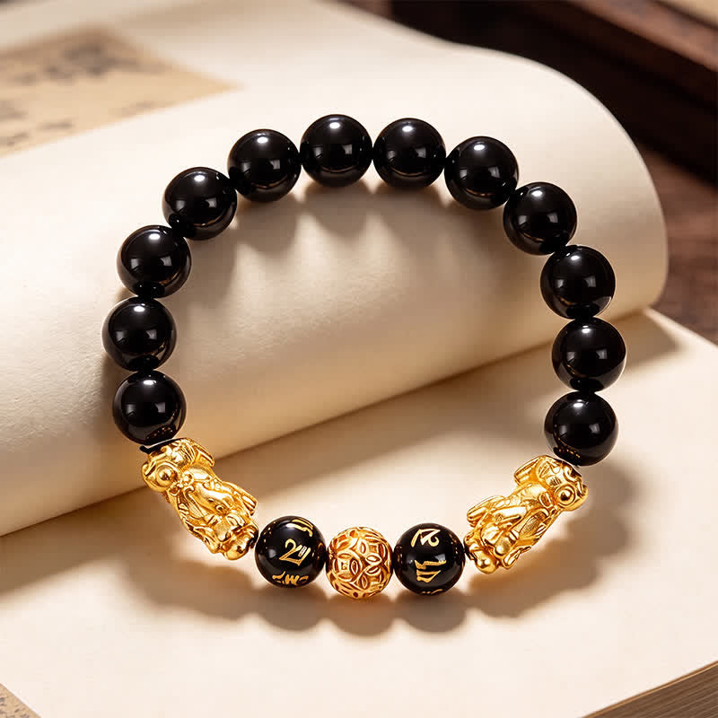 Buddha Stones 黒曜石銅製ダブル貔貅（ひきゅう）オーム・マニ・パドメ・フム智慧ブレスレット - image 1