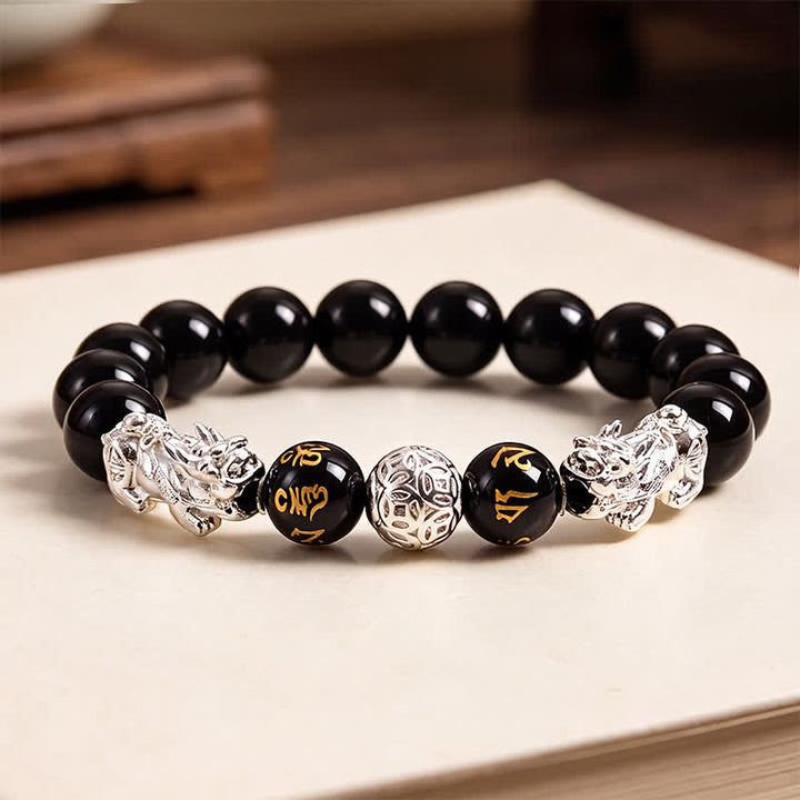 Buddha Stones 黒曜石銅製ダブル貔貅（ひきゅう）オーム・マニ・パドメ・フム智慧ブレスレット - 銀色 - image 9