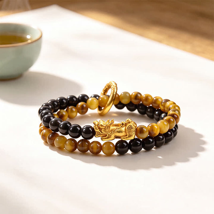 Buddha Stones タイガーアイシルバーシーンオブシディアン貔貅（ひきゅう）ダブルラップ縁起ブレスレット - イエロータイガーアイゴールデンピシュウ - image 0